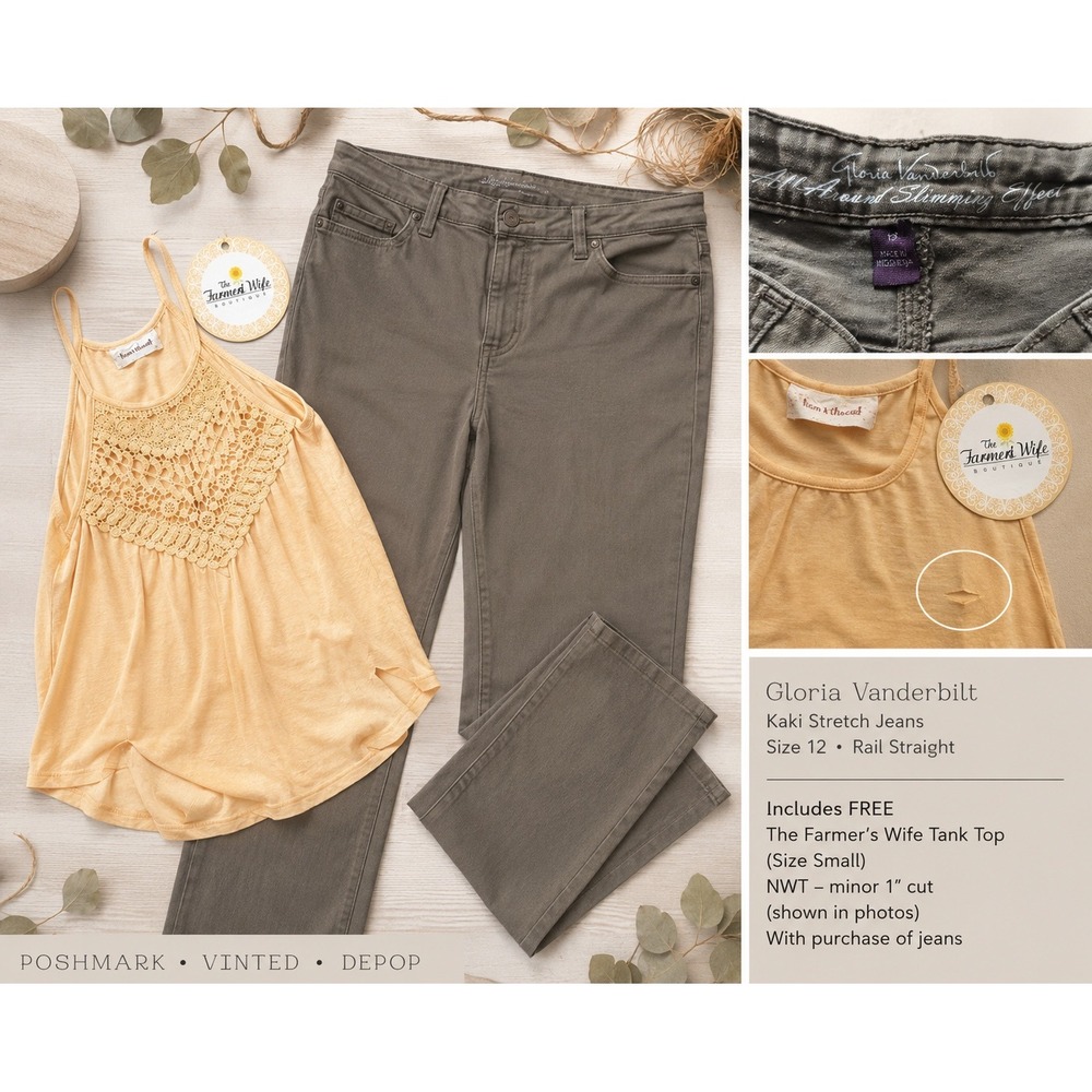 Gloria Vanderbilt Khaki Rail Straight Jeans Size 12 & NWT Boutique Tank Bundle